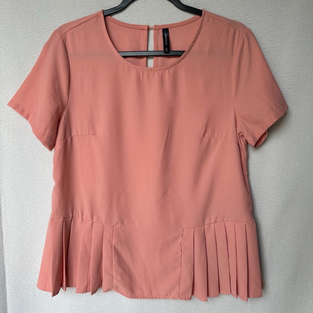 Massini Coral Orange Pleated Top in Small Flowy with Back Button